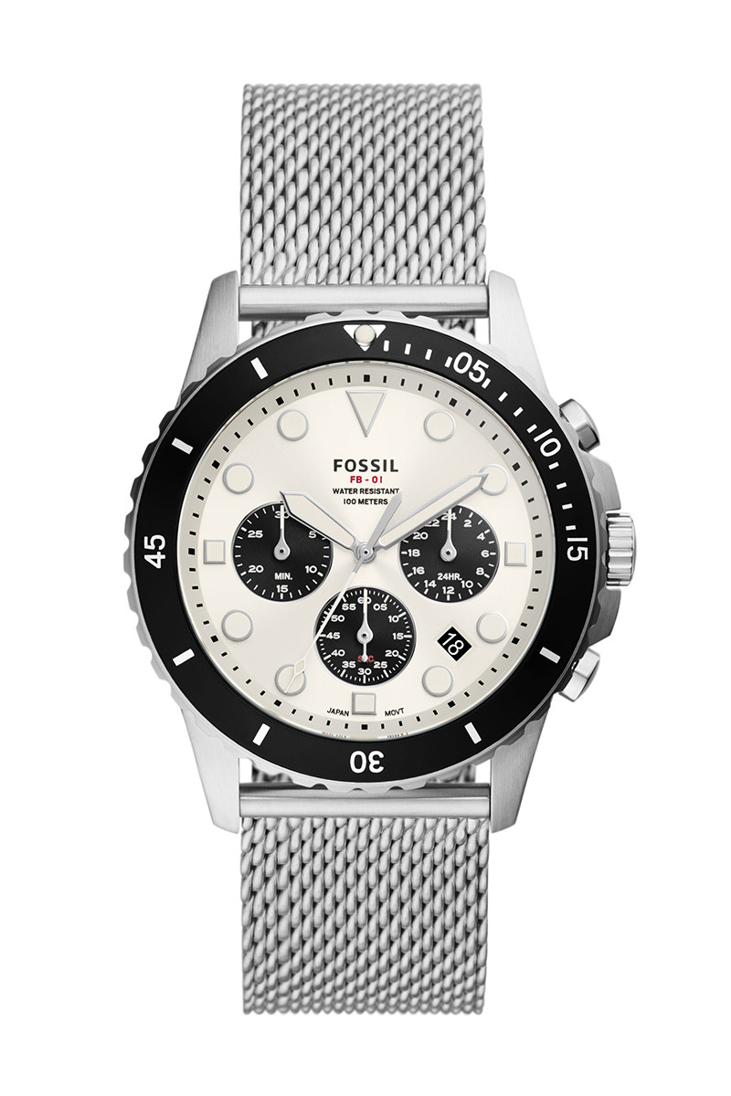 Fossil FS5915: FB-01 Chronograph sa belim brojčanikom i mrežastom narukvicom od nerđajućeg čelika